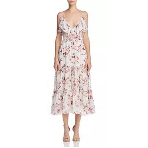 MISA Los Angeles Floral Print Midi Dress Ruffled Spaghetti Straps Tiered Skirt